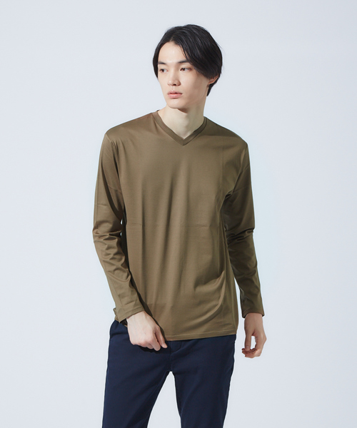 ABAHOUSE GRAY(アバハウスグレイ)の「【展開店舗限定】シルケット天竺VネックロングTシャツ(ブルーカラー)(Tシャツ/カットソー・メンズ・ブラウン/ブルー・46/48/50)」の1枚目の写真
