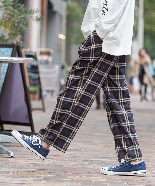 UP START(アップスタート)の「ビッグチェックワイドパンツ(パンツ)」|ネイビー
