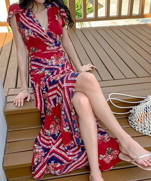 セール レディース フラワーパネル柄ラップスカート風ガウンワンピ ワンピース Balibiki バリビキ のファッション通販 Zozotown