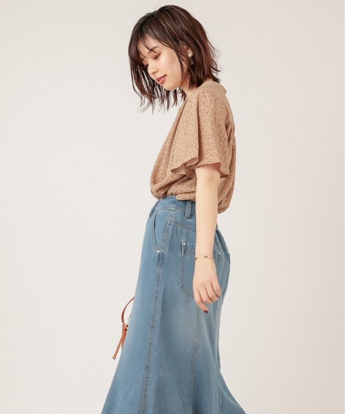 ✼美品✼ エストネーション 華奢見え とろみ パイピング フレア袖 ブラウス とろみサテンフレア袖ギャザーブラウス（シャツ/ブラウス