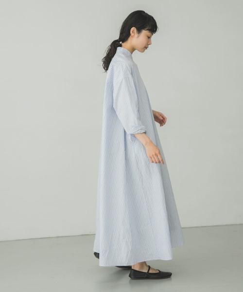 A17395 美品 かぐれ ストライプAラインシャツワンピース 青 ロング F A17395 美品 かぐれ ストライプAラインシャツワンピース 青