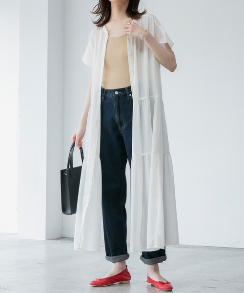 BONLECILL(ボンルシール)の「ふんわりガーゼ バンドカラー ティアード ロングシャツワンピース(ワンピース・レディース・ブラウン/ブラック/アイボリー・FREE)」の1枚目の写真