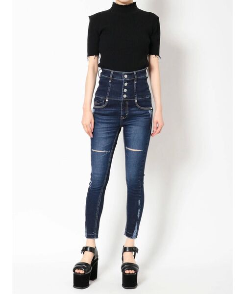 EMODA（エモダ）の「クラッシュアップハイウエストパギンス（デニムパンツ・レディース・インディゴブルー/ライトブルー・SMALL/X-SMALL/MEDIUM）」の13枚目の写真