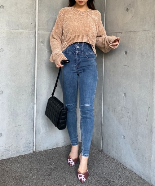 SPIRALGIRL（スパイラルガール）の「ハイウエストハイパースキニーダメージデニム（デニムパンツ・レディース・ブラック/インディゴブルー/ライトブルー・SMALL/MEDIUM）」の2枚目の写真