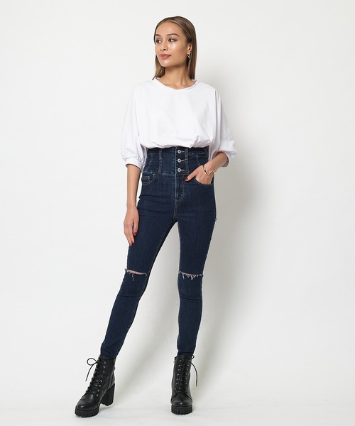 SPIRALGIRL（スパイラルガール）の「ハイウエストハイパースキニーダメージデニム（デニムパンツ・レディース・ブラック/インディゴブルー/ライトブルー・SMALL/MEDIUM）」の16枚目の写真