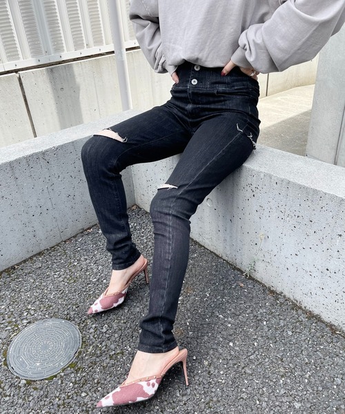 SPIRALGIRL（スパイラルガール）の「ハイウエストハイパースキニーダメージデニム（デニムパンツ・レディース・ブラック/インディゴブルー/ライトブルー・SMALL/MEDIUM）」の4枚目の写真