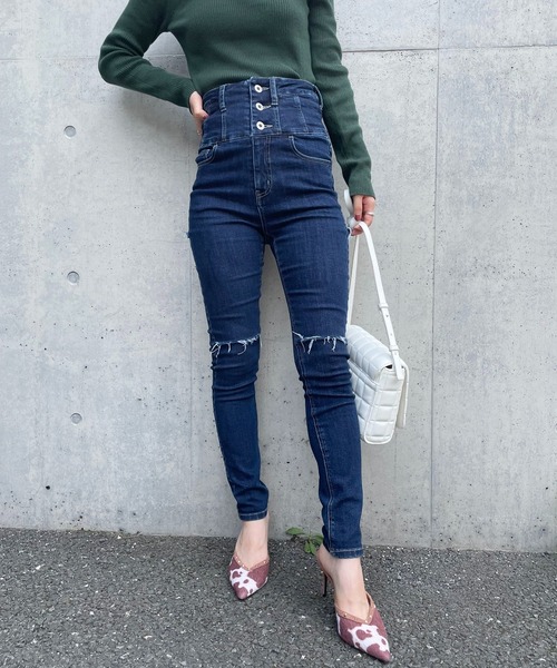 SPIRALGIRL（スパイラルガール）の「ハイウエストハイパースキニーダメージデニム（デニムパンツ・レディース・ブラック/インディゴブルー/ライトブルー・SMALL/MEDIUM）」の8枚目の写真