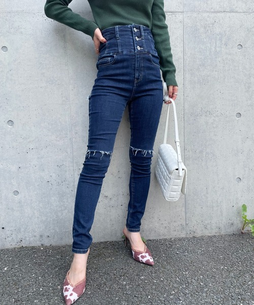 SPIRALGIRL（スパイラルガール）の「ハイウエストハイパースキニーダメージデニム（デニムパンツ・レディース・ブラック/インディゴブルー/ライトブルー・SMALL/MEDIUM）」の9枚目の写真