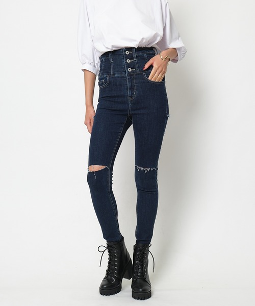 SPIRALGIRL（スパイラルガール）の「ハイウエストハイパースキニーダメージデニム（デニムパンツ・レディース・ブラック/インディゴブルー/ライトブルー・SMALL/MEDIUM）」の17枚目の写真