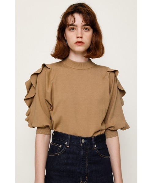 SLY(スライ)の「FRILL PUFF SLEEVE HG TOPS/パフスリーブハイゲージトップス(ニット/セーター・レディース・アイボリー/ブラック/グリーン/ベージュ・FREE)」の1枚目の写真