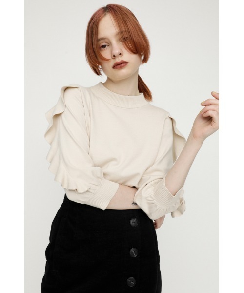 SLY(スライ)の「FRILL PUFF SLEEVE HG TOPS/パフスリーブハイゲージトップス(ニット/セーター・レディース・アイボリー/ブラック/グリーン/ベージュ・FREE)」の2枚目の写真