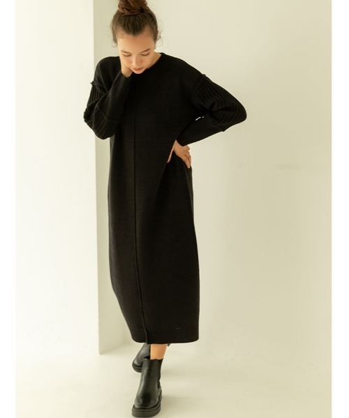 fifth（フィフス）の「リブ切り替えニットワンピース（ワンピース・レディース・ブラック/ライトベージュ・MEDIUM）」の2枚目の写真