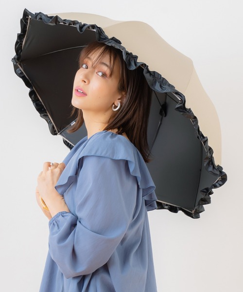 macocca（マコッカ）の「完全遮光 UVカット100% 日傘 晴雨兼用 makez.マケズ 竹手元ショート傘 フリル（長傘・レディース・ピンク/グレイッシュベージュ/ブラック/オフホワイト/ブルー/モカ/アイボリー・FREE）」の22枚目の写真