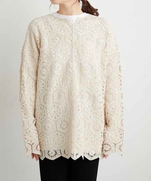 PUAL CE CIN(ピュアルセシン)の「太糸レース編み2WAYロングスリーブチュニック(シャツ/ブラウス・レディース・ホワイト/チャコール/キナリ・FREE)」の8枚目の写真