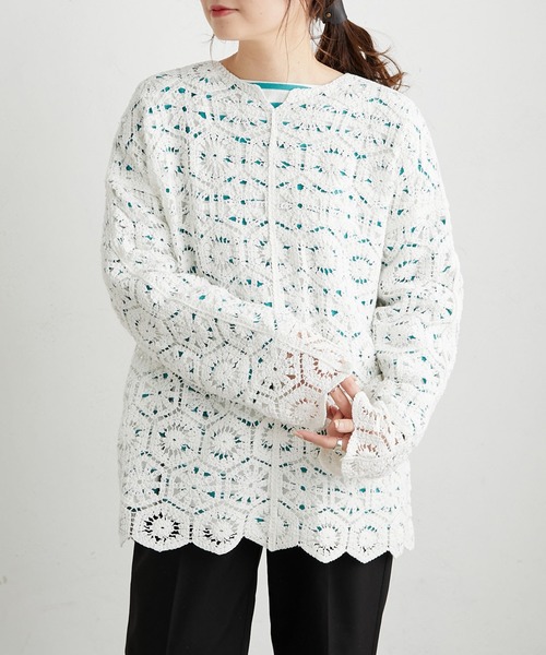 PUAL CE CIN(ピュアルセシン)の「太糸レース編み2WAYロングスリーブチュニック(シャツ/ブラウス・レディース・ホワイト/チャコール/キナリ・FREE)」の4枚目の写真