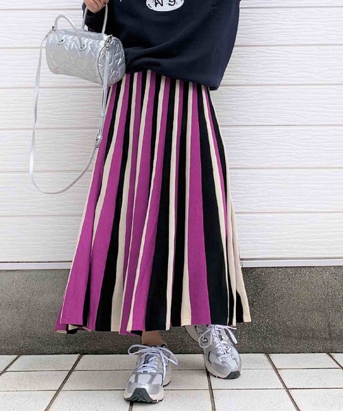 Q（キュー）の「マルチストライプニットスカート（スカート・レディース・ブラック系その他/ベージュ系その他/イエロー系その他/ピンク系その他/パープル系その他/オレンジ系その他・MEDIUM）」の6枚目の写真