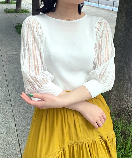 OPAQUE.CLIP（オペークドットクリップ）の「◆シアー編みデザイン半袖ニット（ニット/セーター・レディース・ホワイト系/ブラック/ピンク系/マスタード・38）」の2枚目の写真
