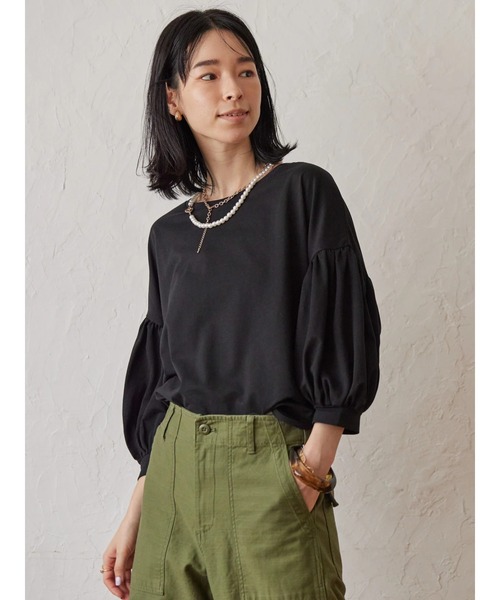 AMERICAN HOLIC（アメリカンホリック）の「5分袖ギャザーカットプルオーバー（Tシャツ/カットソー・レディース・パープル/グレイッシュベージュ/ブラック・M/L）」の5枚目の写真