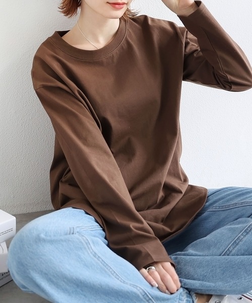 andme(アンドミー)の「汗染み防止加工USAコットン長袖Tシャツ(Tシャツ/カットソー・レディース・ピンク/ターコイズブルー/ブラック/チャコールグレー/オフホワイト/ブラウン/キナリ/ラベンダー・S/M)」の5枚目の写真