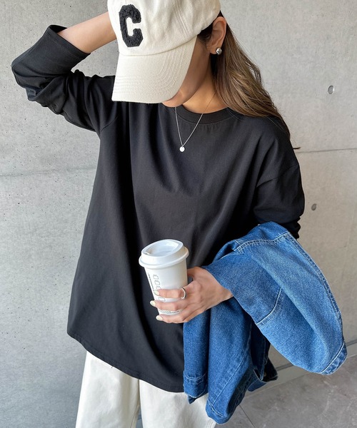 andme(アンドミー)の「汗染み防止加工USAコットン長袖Tシャツ(Tシャツ/カットソー・レディース・ピンク/ターコイズブルー/ブラック/チャコールグレー/オフホワイト/ブラウン/キナリ/ラベンダー・S/M)」の3枚目の写真