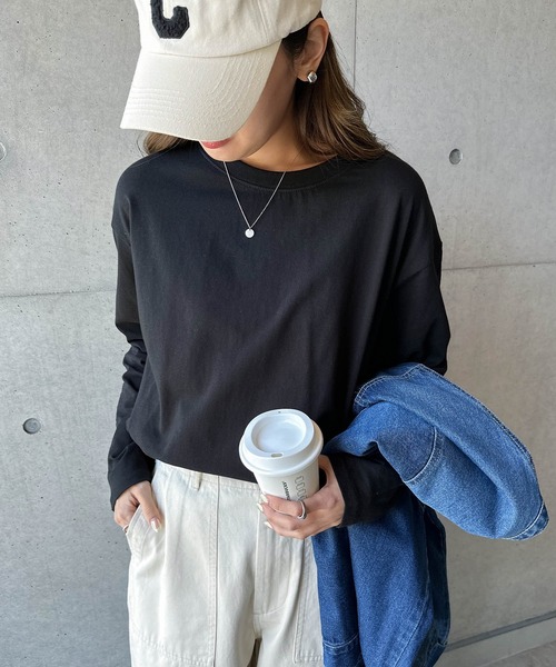 andme(アンドミー)の「汗染み防止加工USAコットン長袖Tシャツ(Tシャツ/カットソー・レディース・ピンク/ターコイズブルー/ブラック/チャコールグレー/オフホワイト/ブラウン/キナリ/ラベンダー・S/M)」の12枚目の写真