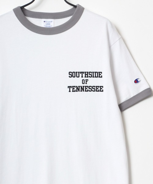 Champion(チャンピオン)の「Champion/チャンピオン コットンUSA カレッジプリント ワンポイント刺繍 リンガー 半袖Tシャツ(Tシャツ/カットソー・メンズ・ホワイト×グリーン/ホワイト×ブラック/ホワイト×ネイビー/ホワイト×グレー・L/XL/M)」の3枚目の写真