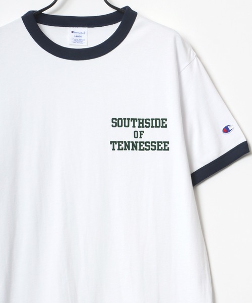 Champion(チャンピオン)の「Champion/チャンピオン コットンUSA カレッジプリント ワンポイント刺繍 リンガー 半袖Tシャツ(Tシャツ/カットソー・メンズ・ホワイト×グリーン/ホワイト×ブラック/ホワイト×ネイビー/ホワイト×グレー・L/XL/M)」の4枚目の写真