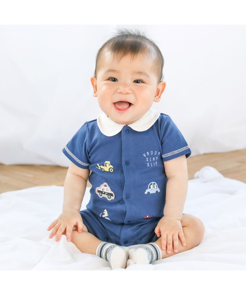 SLAP SLIP BABY（スラップスリップベビー）の「SLAPSLIPBABY/襟付きアニマルくるまプリント半袖ロンパースベビー(60~80cm)（ロンパース・キッズ・ネイビー/ホワイト・60/70/80）」の2枚目の写真