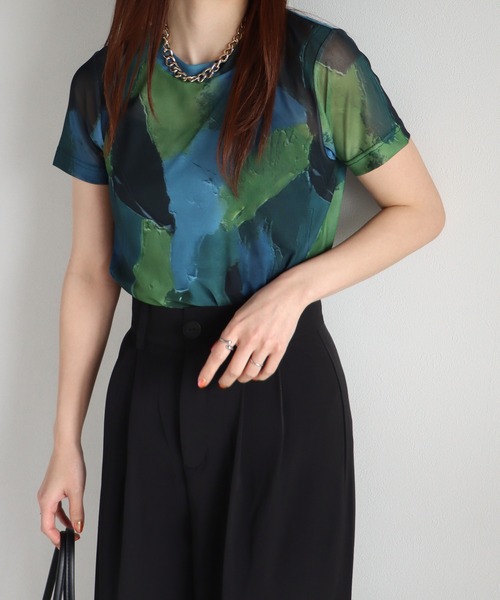 COURO（コウロ）の「アート柄シアーＴシャツ（Tシャツ/カットソー・レディース・パープル系/オレンジ系/グリーン系/ブルー系/グレー系/ピンク/ブルーグレー・M/L）」の8枚目の写真