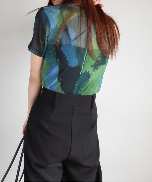 COURO（コウロ）の「アート柄シアーＴシャツ（Tシャツ/カットソー・レディース・パープル系/オレンジ系/グリーン系/ブルー系/グレー系/ピンク/ブルーグレー・M/L）」の9枚目の写真