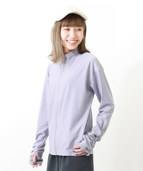 devirock(デビロック)の「大人 袖シャーリング 長袖ジップラッシュガード(ラッシュガード・レディース・パープル系その他/ライトグレー/ブラック・M/L/LL)」の1枚目の写真