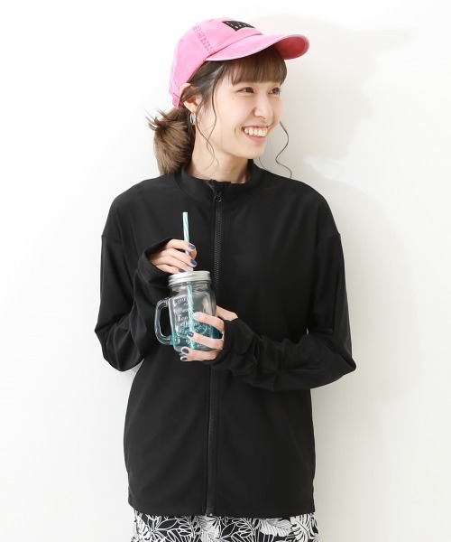 devirock(デビロック)の「大人 袖シャーリング 長袖ジップラッシュガード(ラッシュガード・レディース・パープル系その他/ライトグレー/ブラック・M/L/LL)」の2枚目の写真
