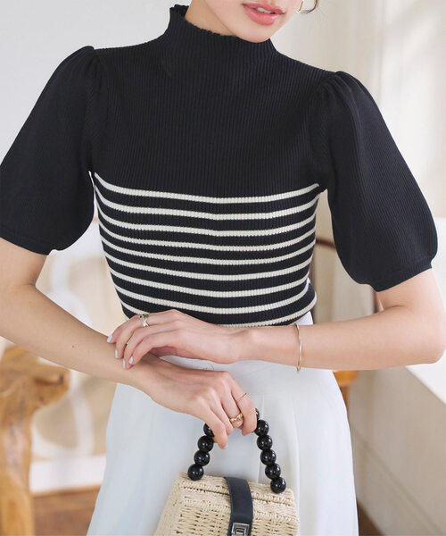 セール】モックネックorスクエアネックぽわんスリーブニットトップス