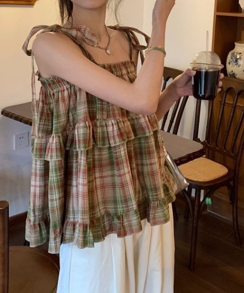 Chick（チック）の「チェックショルダーリボンキャミソール（キャミソール・レディース・カーキ・S/M）」の7枚目の写真