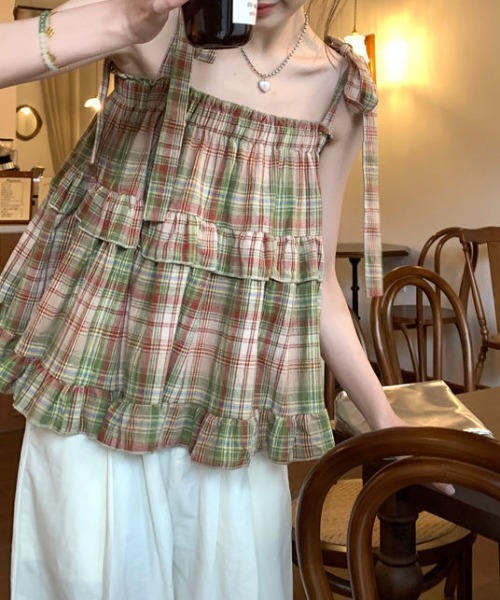 Chick（チック）の「チェックショルダーリボンキャミソール（キャミソール・レディース・カーキ・S/M）」の4枚目の写真