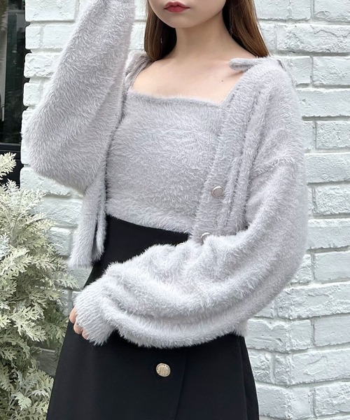 INGNI（イング）の「フェザーショート丈ニットカーディガン＋肩リボンキャミSET（アンサンブル・レディース・グレー系その他/アイボリー/ピンク・M）」の4枚目の写真