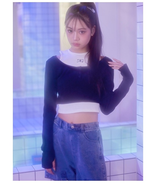 ANAP GiRL(アナップガール)の「レイヤード風リブトップス(Tシャツ/カットソー・キッズ・ブラック/ラベンダー・XS/M/S)」の13枚目の写真