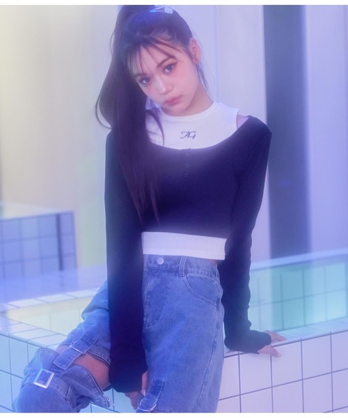 ANAP GiRL(アナップガール)の「レイヤード風リブトップス(Tシャツ/カットソー・キッズ・ブラック/ラベンダー・XS/M/S)」の14枚目の写真