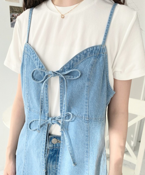 moment+（モーメントプラス）の「ライトオンスデニムダブルリボンオープンキャミソール（キャミソール・レディース・インディゴブルー/サックスブルー/ブラック・L/M）」の4枚目の写真