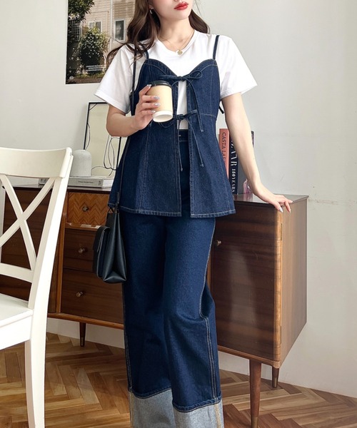 moment+（モーメントプラス）の「ライトオンスデニムダブルリボンオープンキャミソール（キャミソール・レディース・インディゴブルー/サックスブルー/ブラック・L/M）」の9枚目の写真