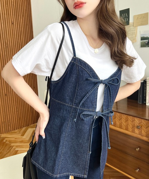 moment+（モーメントプラス）の「ライトオンスデニムダブルリボンオープンキャミソール（キャミソール・レディース・インディゴブルー/サックスブルー/ブラック・L/M）」の8枚目の写真