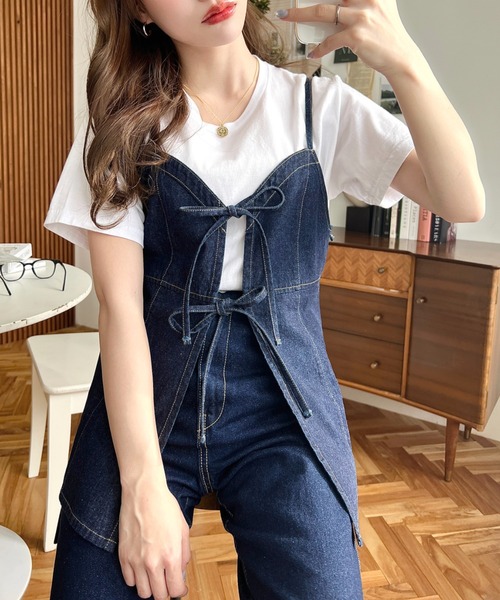 moment+（モーメントプラス）の「ライトオンスデニムダブルリボンオープンキャミソール（キャミソール・レディース・インディゴブルー/サックスブルー/ブラック・L/M）」の10枚目の写真