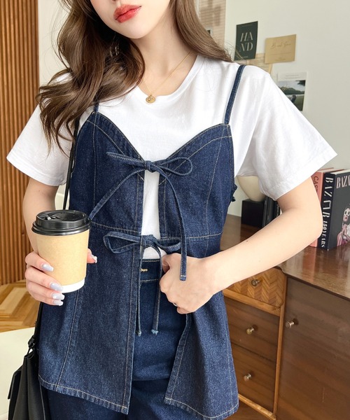 moment+（モーメントプラス）の「ライトオンスデニムダブルリボンオープンキャミソール（キャミソール・レディース・インディゴブルー/サックスブルー/ブラック・L/M）」の7枚目の写真