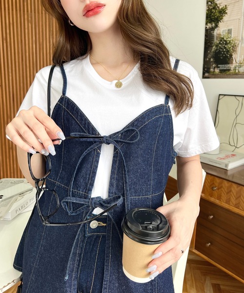 moment+（モーメントプラス）の「ライトオンスデニムダブルリボンオープンキャミソール（キャミソール・レディース・インディゴブルー/サックスブルー/ブラック・L/M）」の11枚目の写真