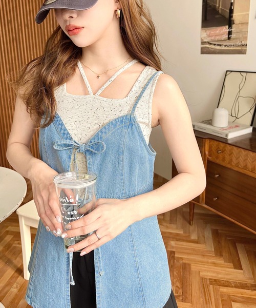 moment+（モーメントプラス）の「ライトオンスデニムダブルリボンオープンキャミソール（キャミソール・レディース・インディゴブルー/サックスブルー/ブラック・L/M）」の16枚目の写真