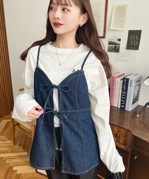 moment+（モーメントプラス）の「ライトオンスデニムダブルリボンオープンキャミソール（キャミソール・レディース・インディゴブルー/サックスブルー/ブラック・L/M）」の22枚目の写真