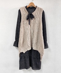 ミックス編みベスト付きワンピース2点セット