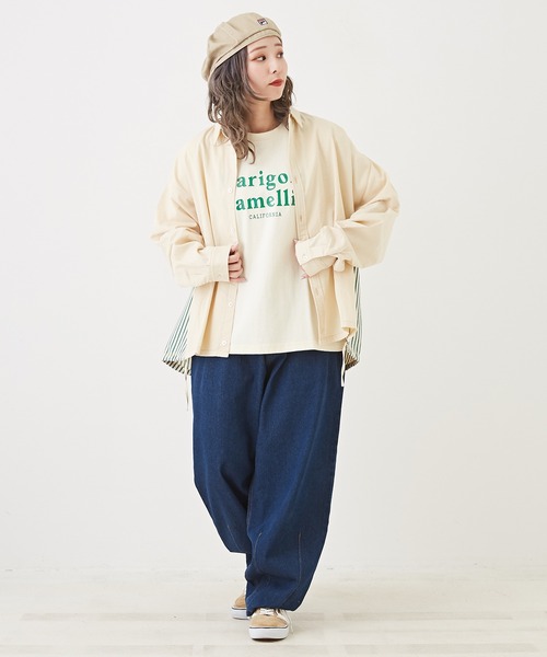 CUBE SUGAR(キューブシュガー)の「GENTILジャンティ/ストライプ×ツイル裾絞りシャツ(シャツ/ブラウス・レディース・グリーン/ネイビー/ベージュ・M)」の6枚目の写真