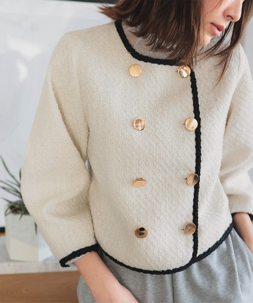 KOBE LETTUCE（コウベレタス）の「ボリュームスリーブショート丈ツイードジャケット（ノーカラージャケット・レディース・ホワイト/ブラック/ブラック系その他・M）」の4枚目の写真