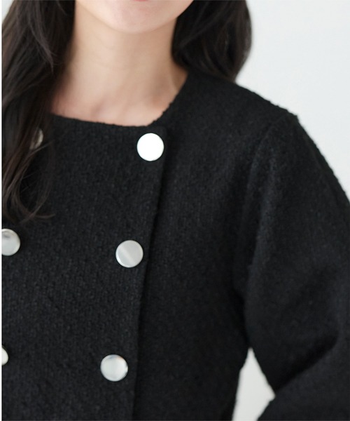 KOBE LETTUCE（コウベレタス）の「ボリュームスリーブショート丈ツイードジャケット（ノーカラージャケット・レディース・ホワイト/ブラック/ブラック系その他・M）」の6枚目の写真